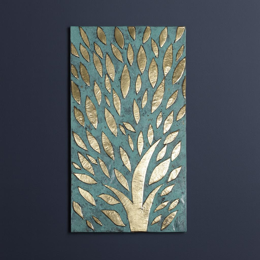 The image is a rectangular piece of art featuring a tree-like design with gold leaf-like shapes against a dark blue background.