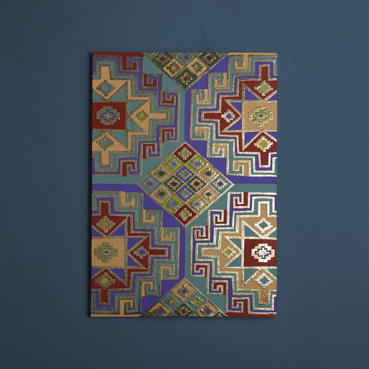 The image is a vibrant and intricate piece of art, featuring a repeating pattern of geometric shapes and designs in various colors, including shades of blue, red, yellow, and green. The pattern is composed of multiple smaller images arranged in a grid-like structure, creating a visually striking and detailed design.
