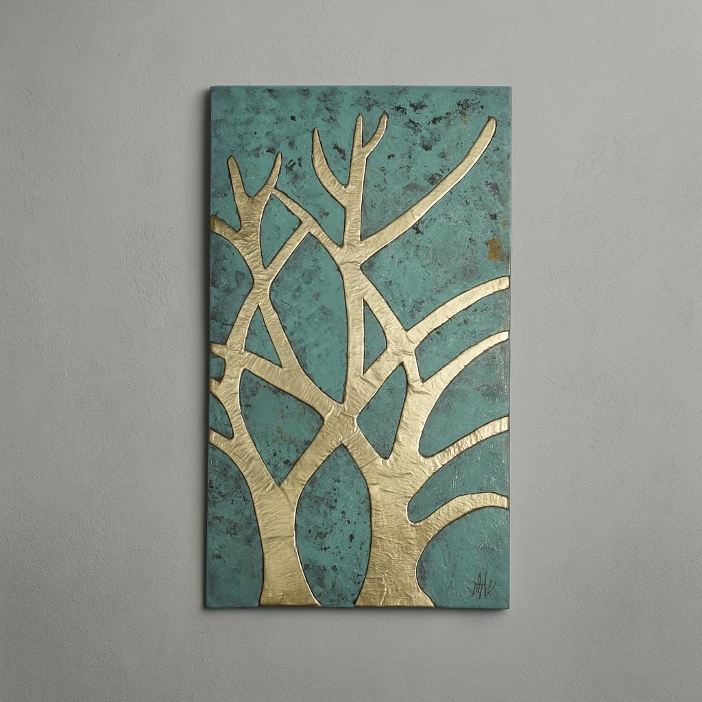 The image is a painting of a tree with a blue background and gold leaf-like patterns.
