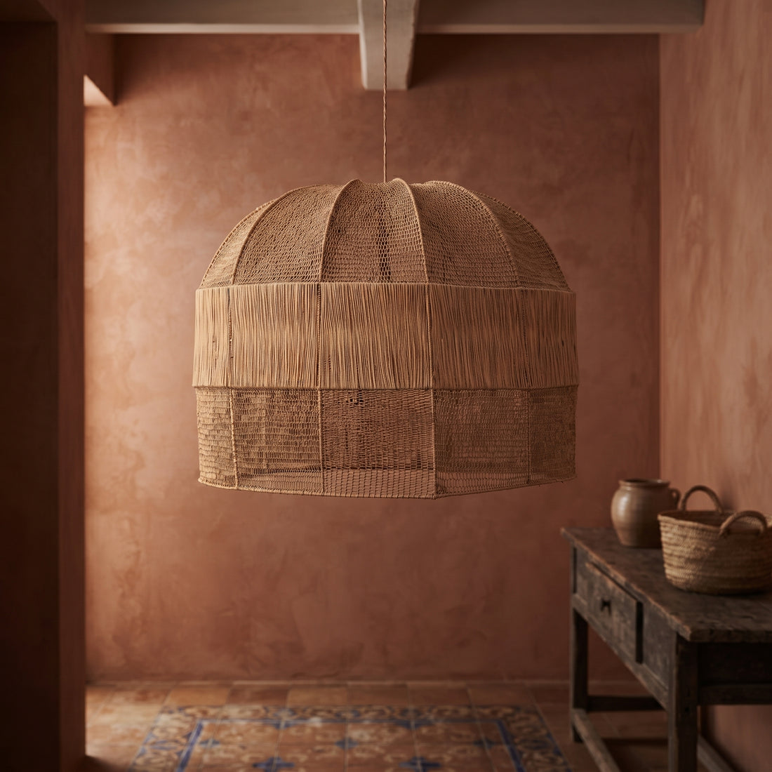 Handcrafted Moroccan Raffia Dome Pendant Light   