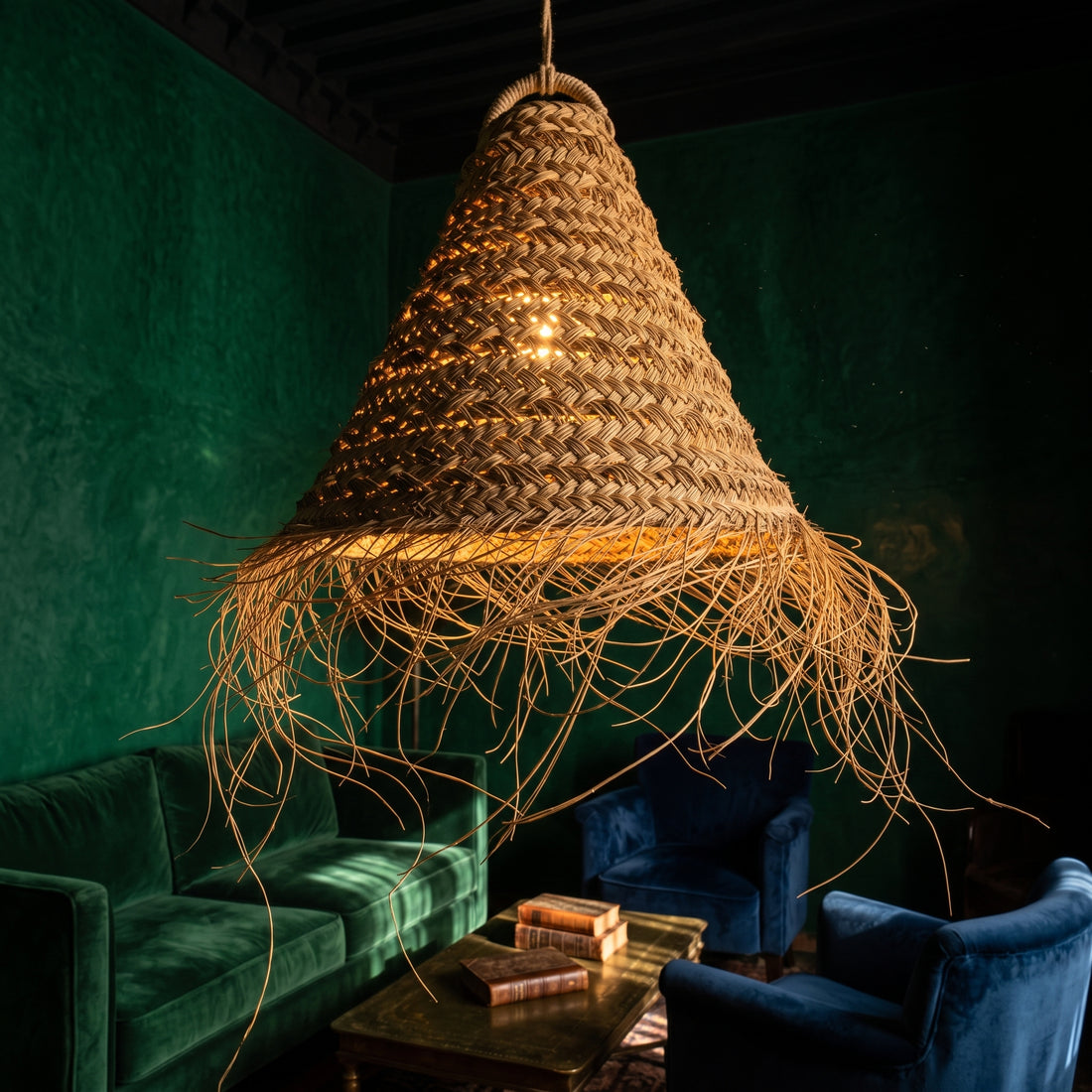 Moroccan Handwoven Palm Fiber Cone Pendant Light
