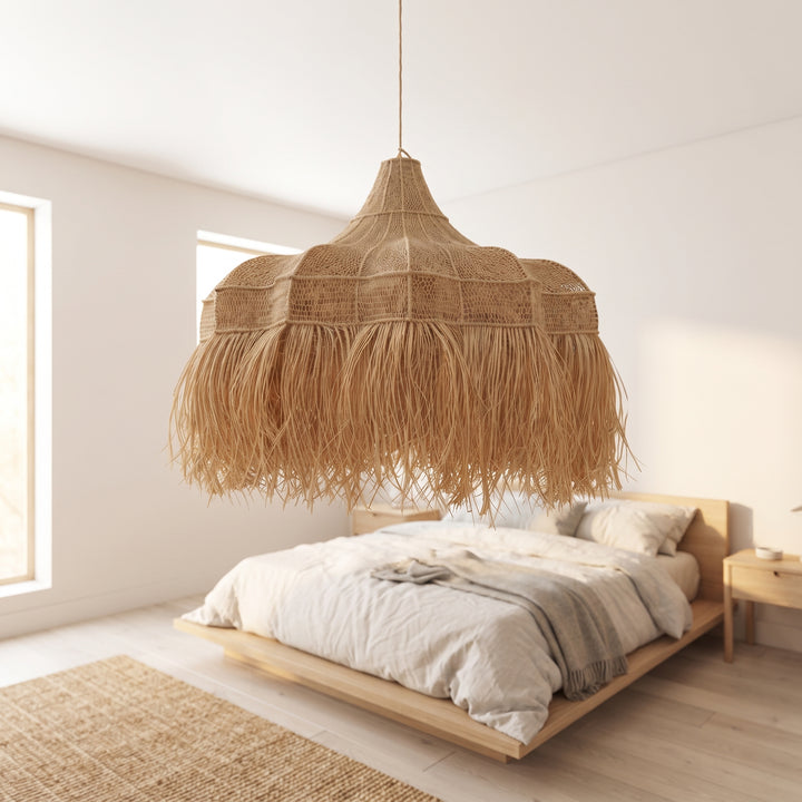 Handcrafted Moroccan Fringed Raffia Canopy Light   