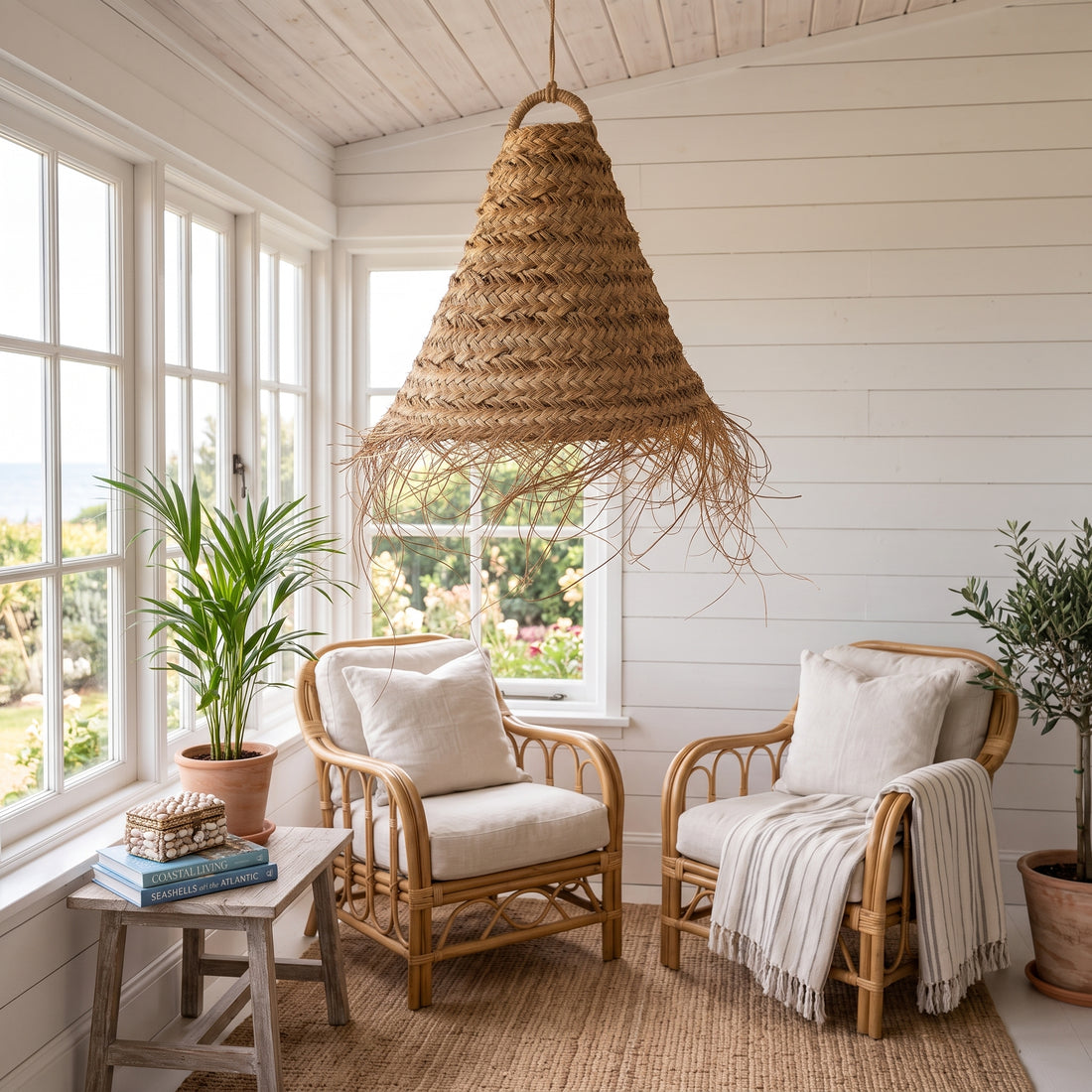 Moroccan Handwoven Palm Fiber Cone Pendant Light