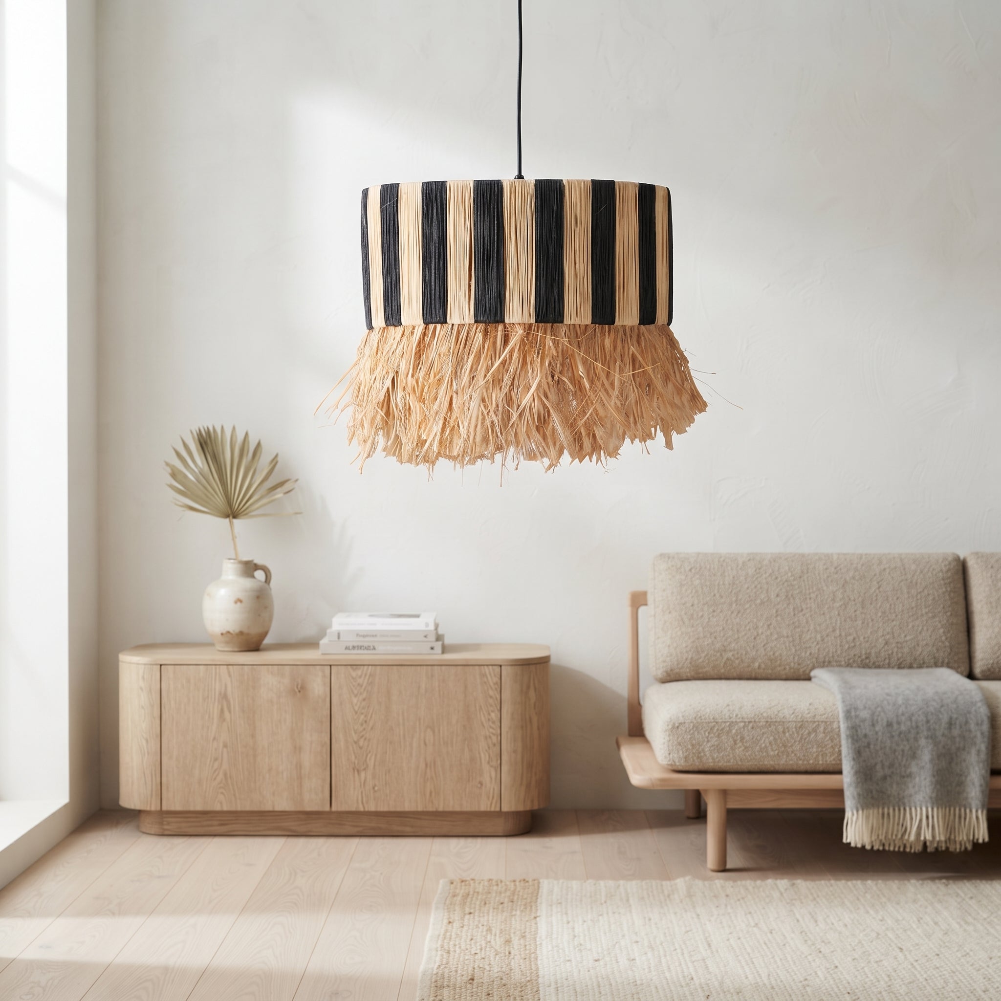 Handcrafted Moroccan Striped Fringed Raffia Light