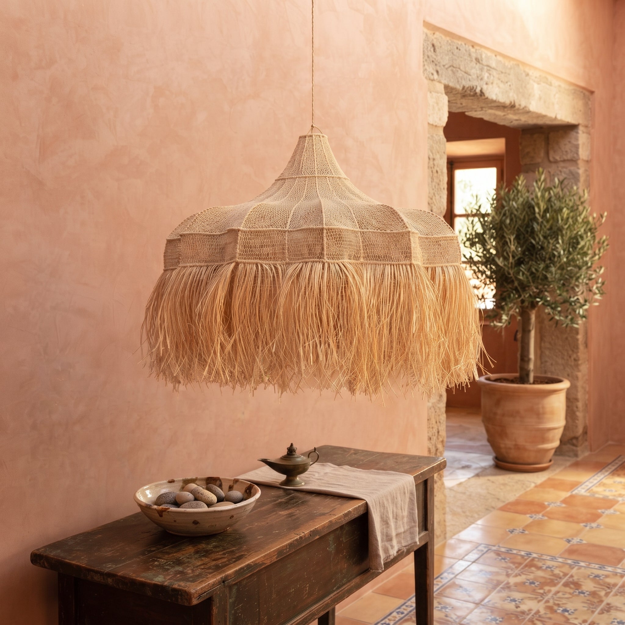  Fringed Raffia Canopy Light   