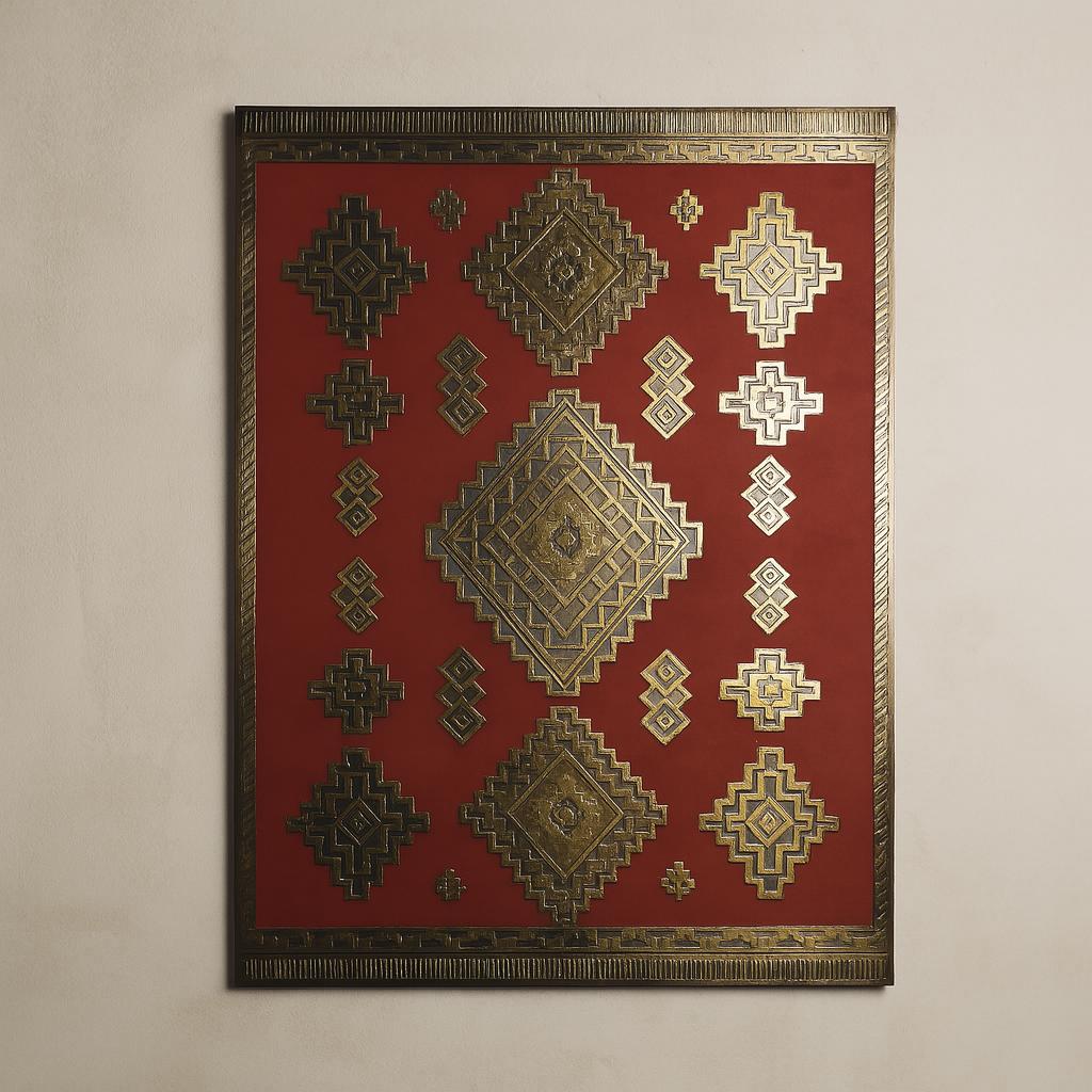 a vibrant red and gold geometric pattern, with a central diamond design surrounded by smaller diamond patterns in various shades of gold and black.