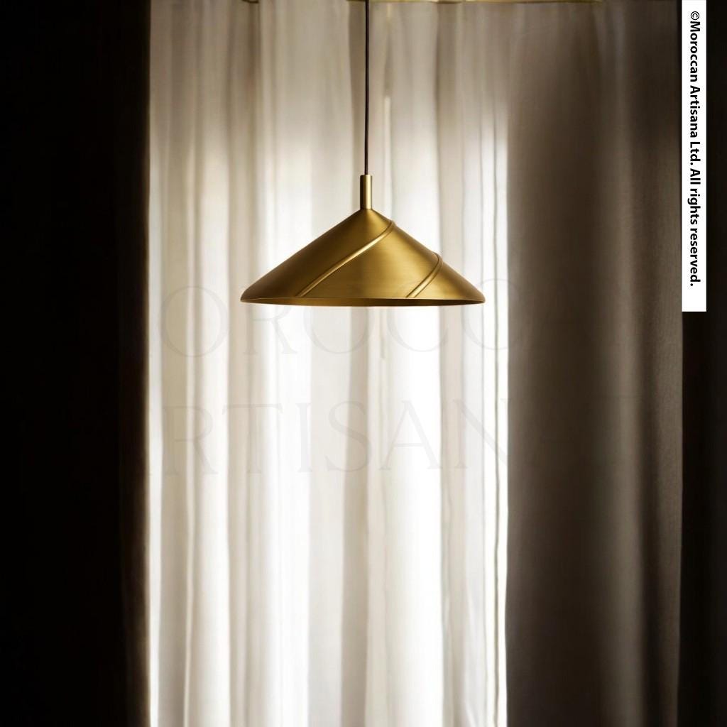 A gold pendant lamp hangs from the ceiling, casting a warm glow in the room.