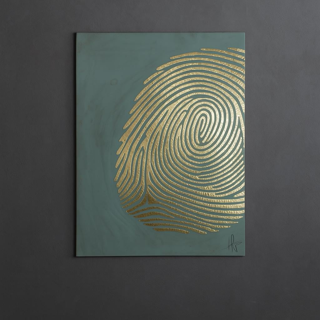 a large, intricate golden fingerprint design on a dark green background.