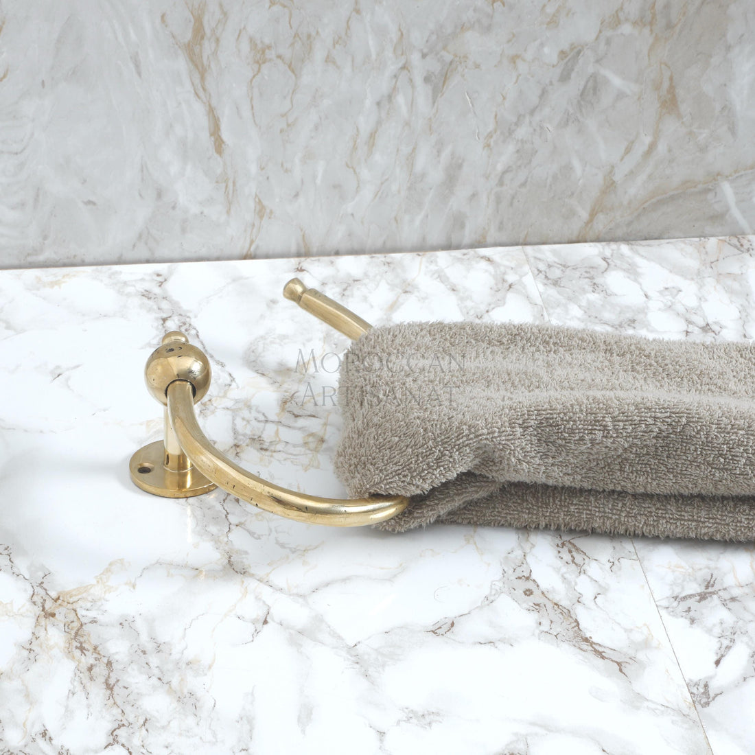 a towel is hanging on a towel rack