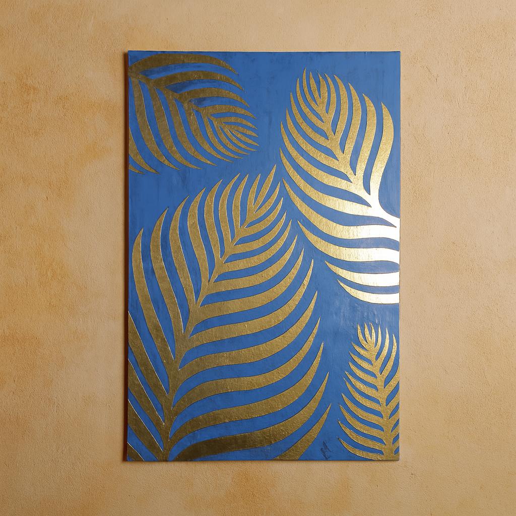 a blue background with gold leaf-like patterns on it.