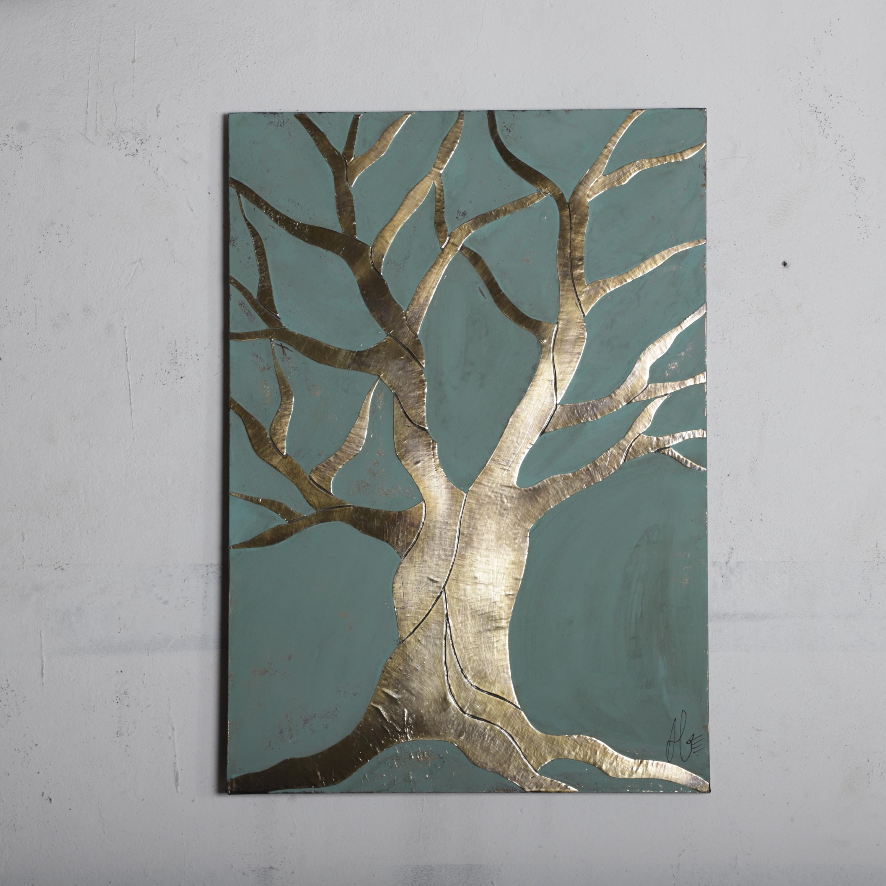 The image is a painting of a tree with a metallic, golden-colored trunk and branches, set against a light blue background.