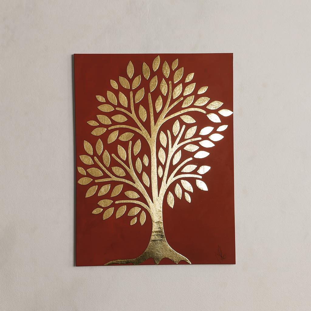 a red background with a gold tree design on it.