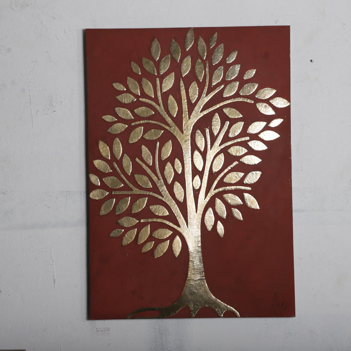 a red background with a gold tree design on it.