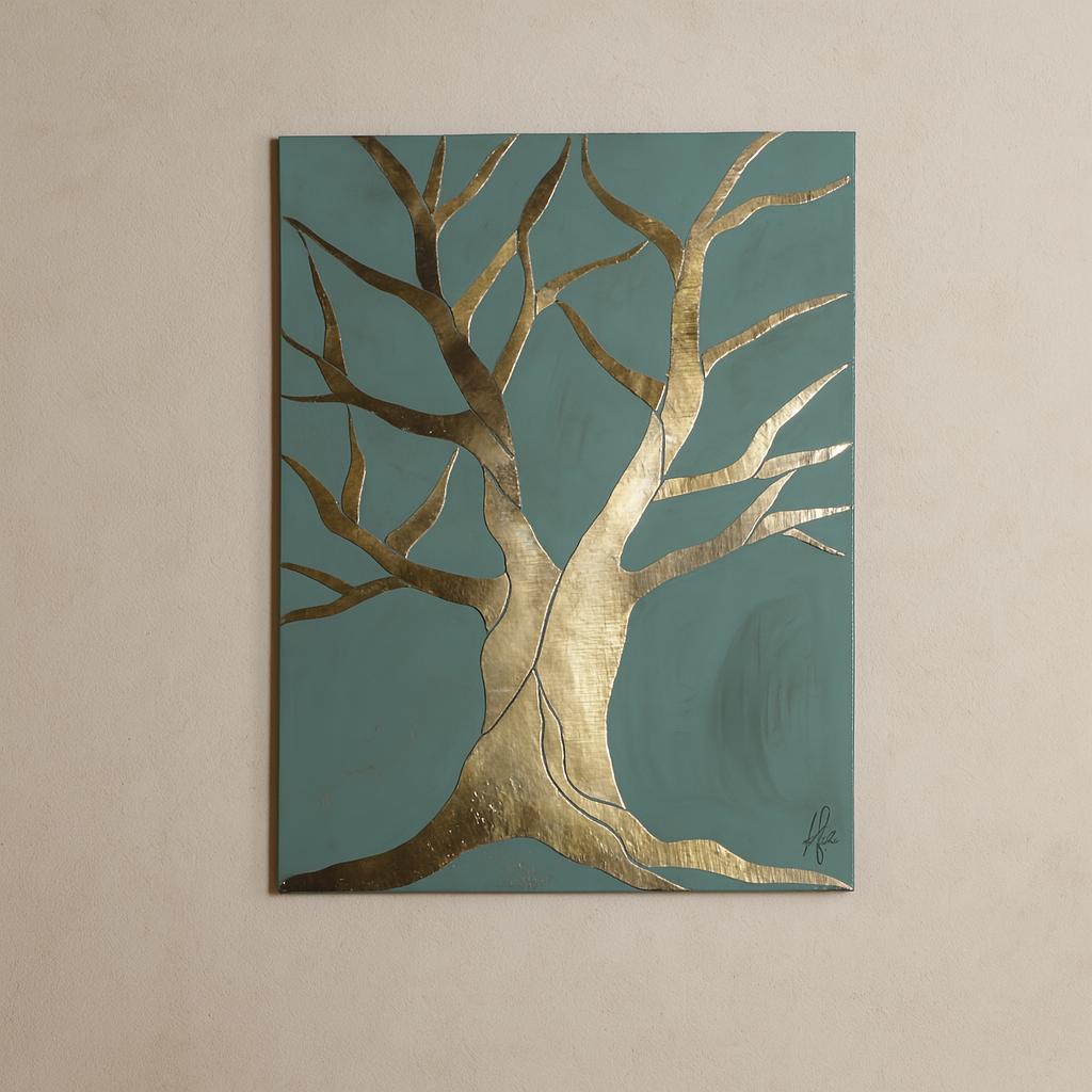 The image is a painting of a tree with a gold leaf-like texture, set against a blue background.