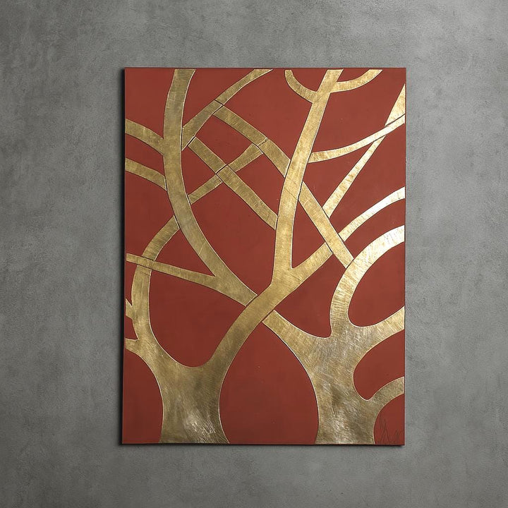 The image is a striking abstract artwork featuring a bold red background with intricate gold lines and shapes that create a sense of movement and dynamism.