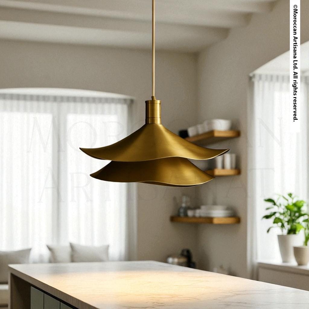 a modern kitchen with a gold pendant light hanging above a marble countertop.