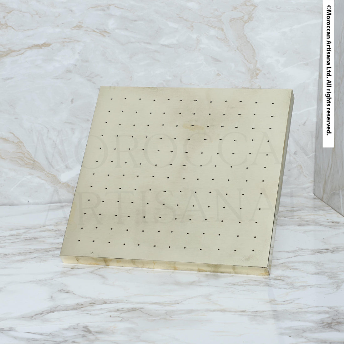 a rectangular, light-colored surface with small holes or dots evenly distributed across it.