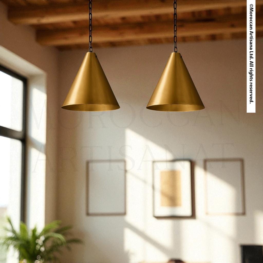 two golden pendant lights hanging from the ceiling, with a plant in the foreground and framed artwork on the wall in the background.