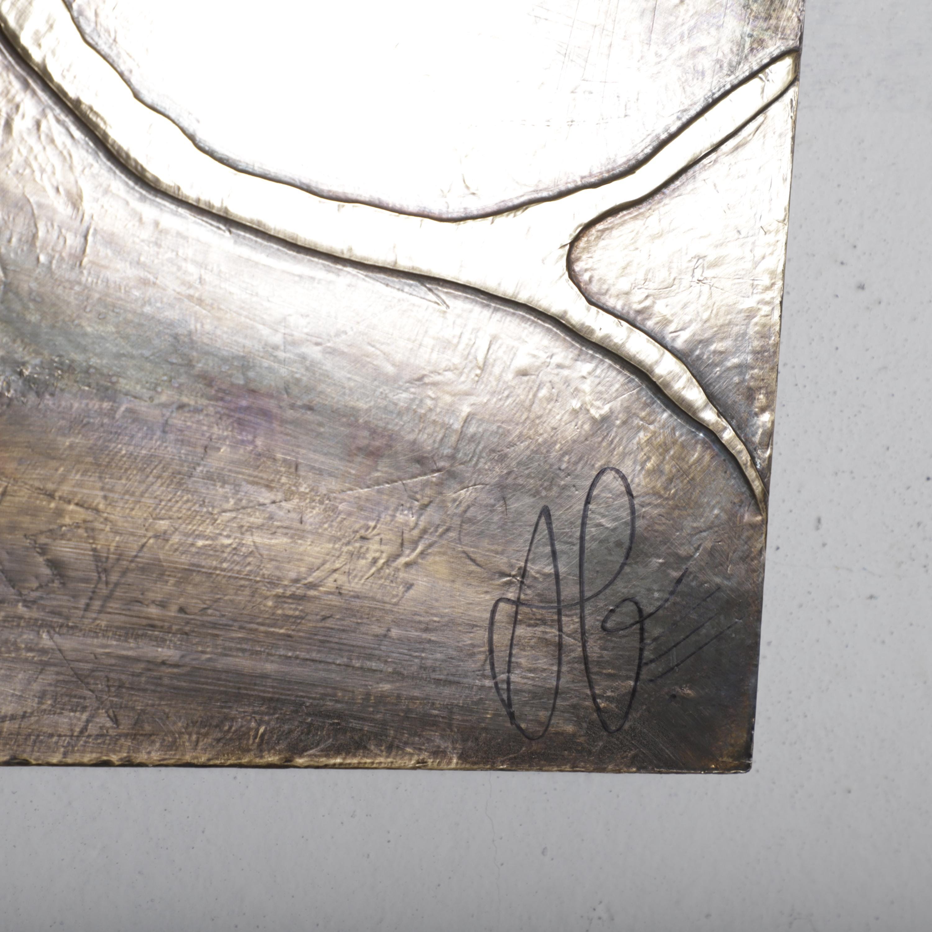 The image is a close-up of a metallic surface with a signature in the bottom right corner.