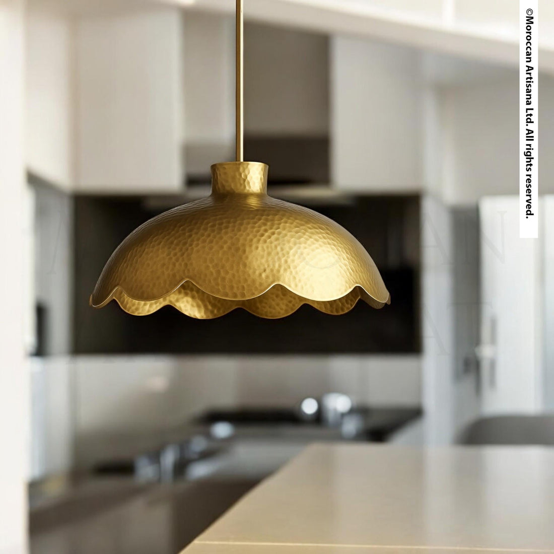 A gold-colored pendant light hangs from the ceiling in a modern kitchen, casting a warm glow over the space.