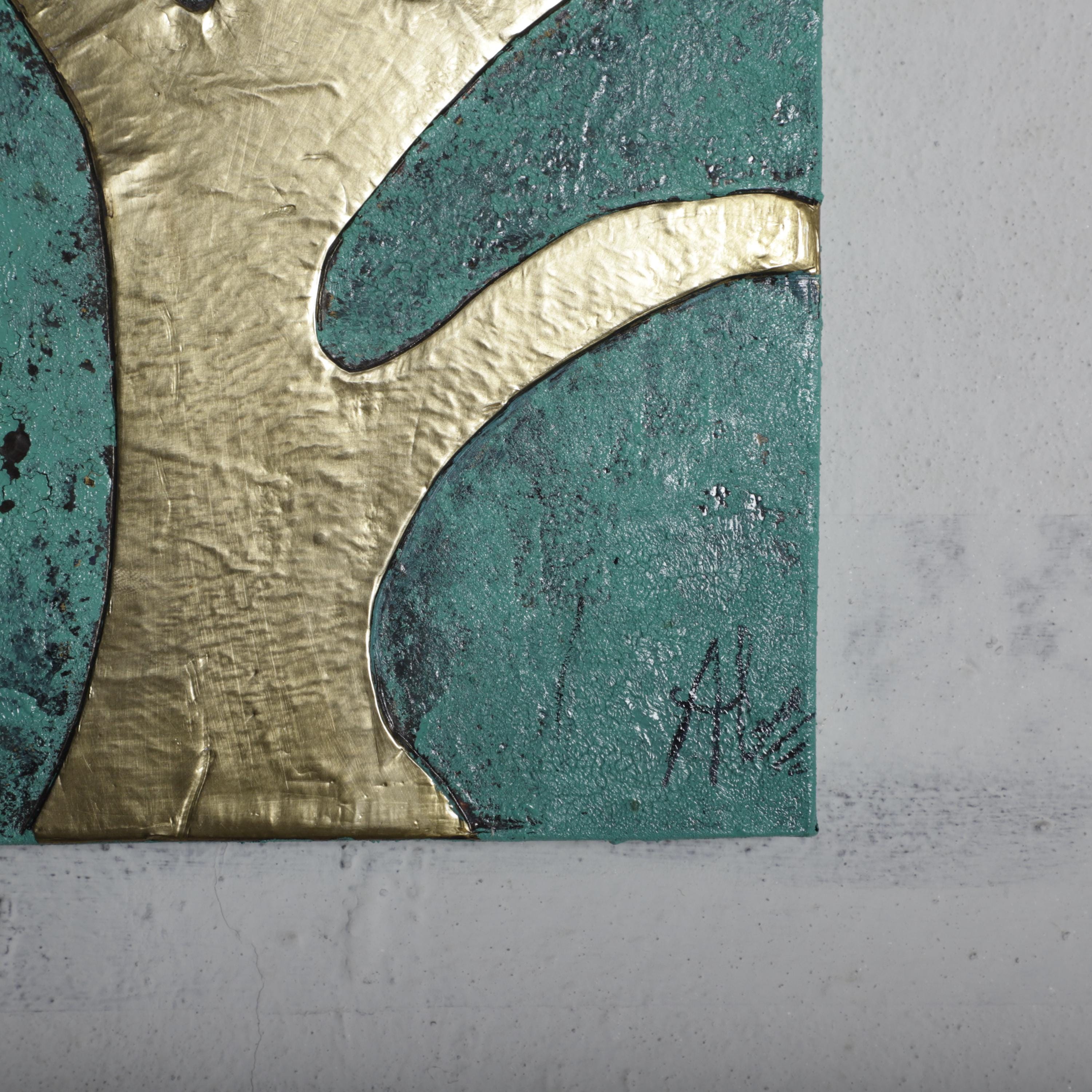 a close-up view of a piece of art, showcasing a striking contrast between the green and gold colors. The artwork is framed by a white border, and the artist&#39;s signature is visible in the bottom right corner.