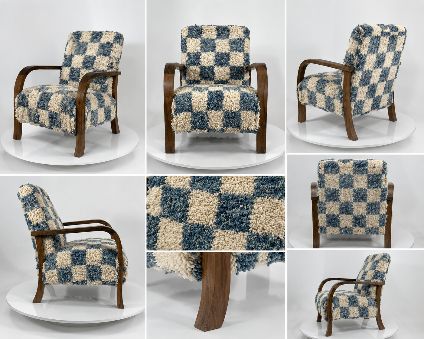 Handcrafted Moroccan Blue Checkerboard Wool Armchair