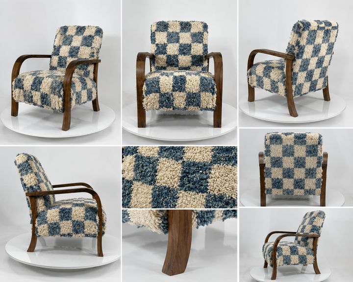 Handcrafted Moroccan Blue Checkerboard Wool Armchair