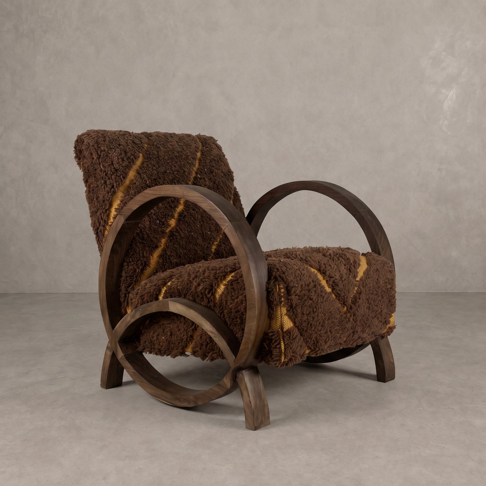 Handcrafted Moroccan Brown Wool Walnut Armchair