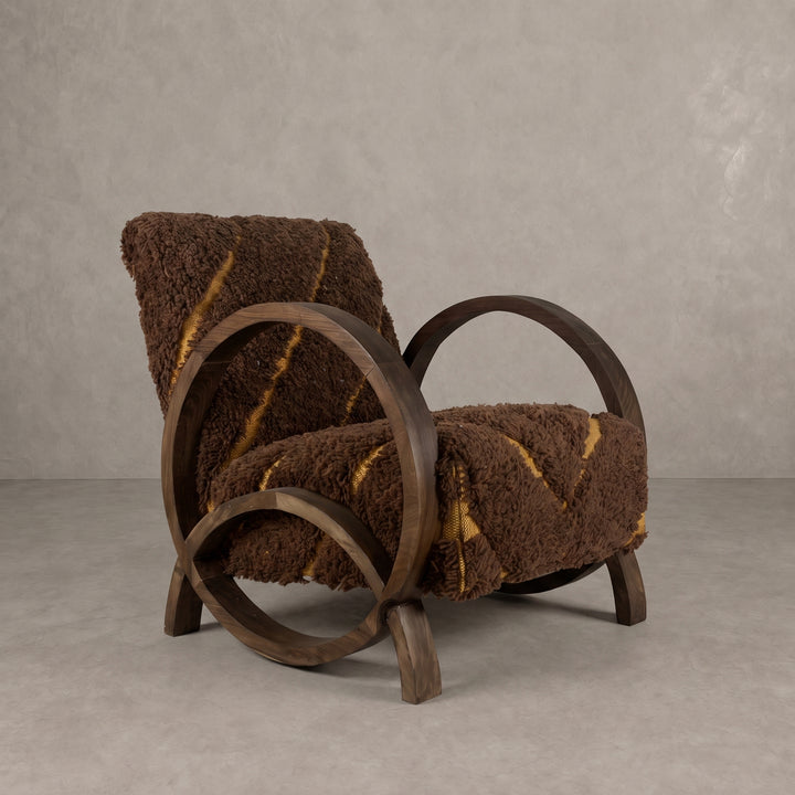 Handcrafted Moroccan Brown Wool Walnut Armchair