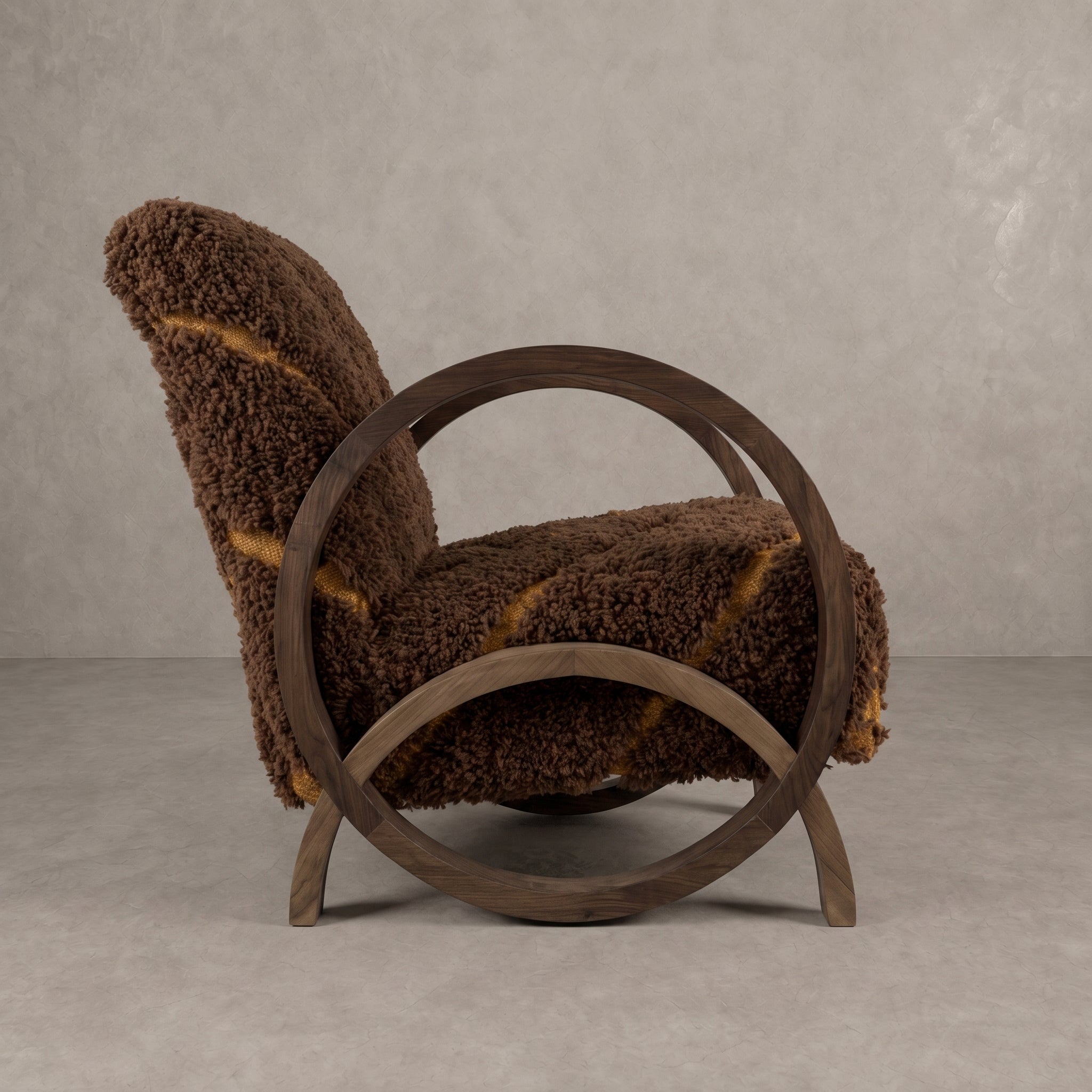 Handcrafted Brown Wool Walnut Armchair