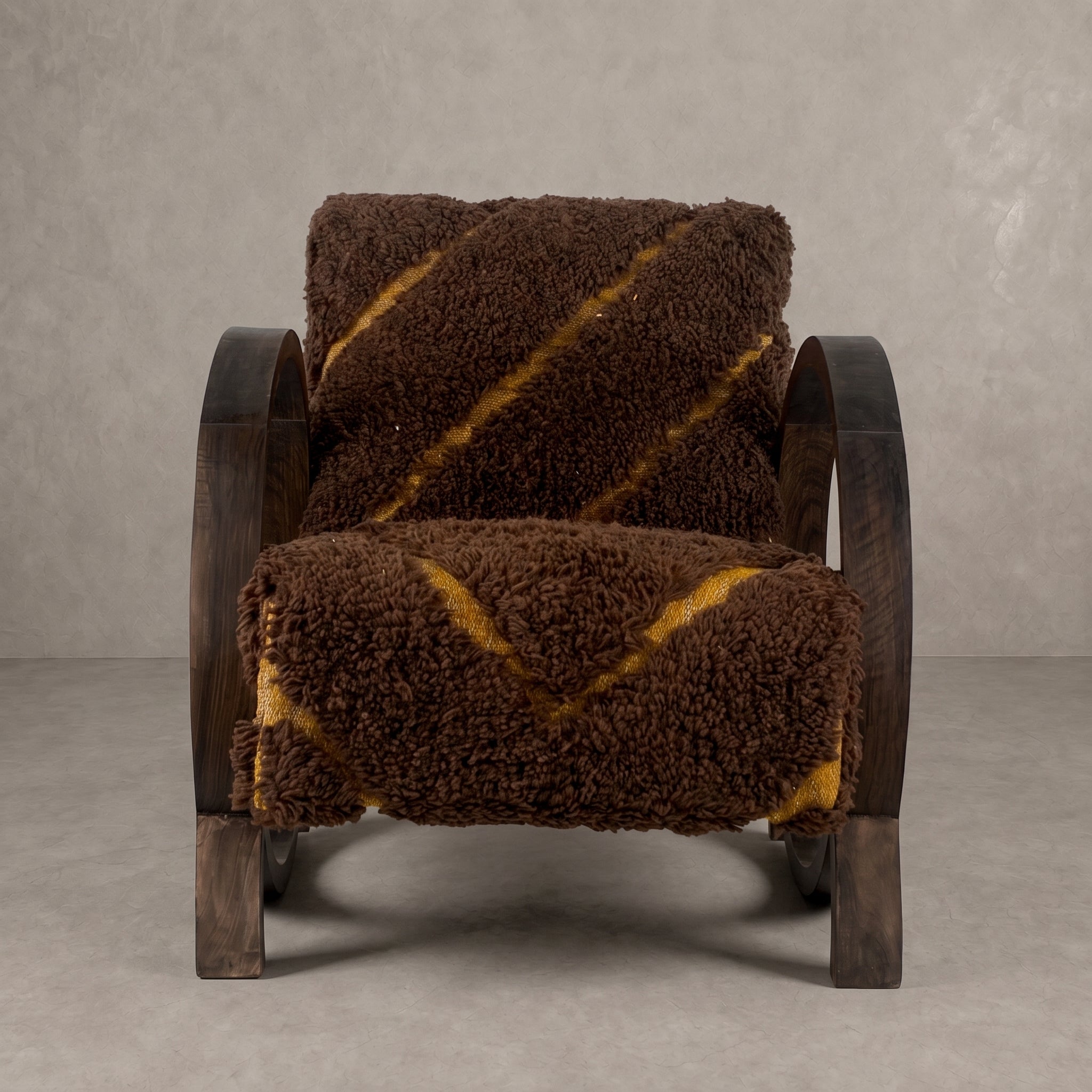 Handcrafted Moroccan Brown Wool Walnut Armchair