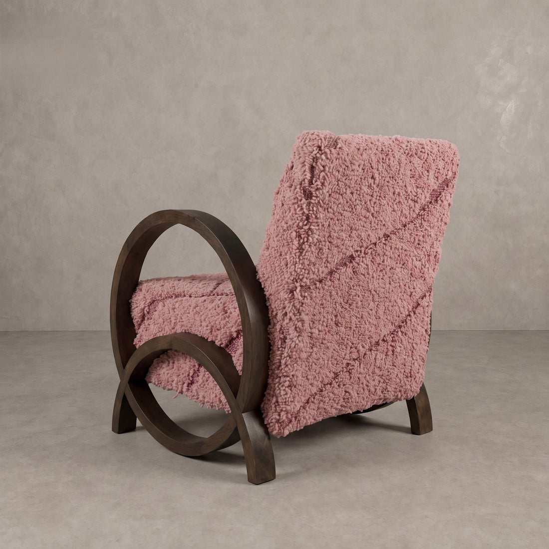 Handcrafted Moroccan Pink Wool Walnut Armchair   