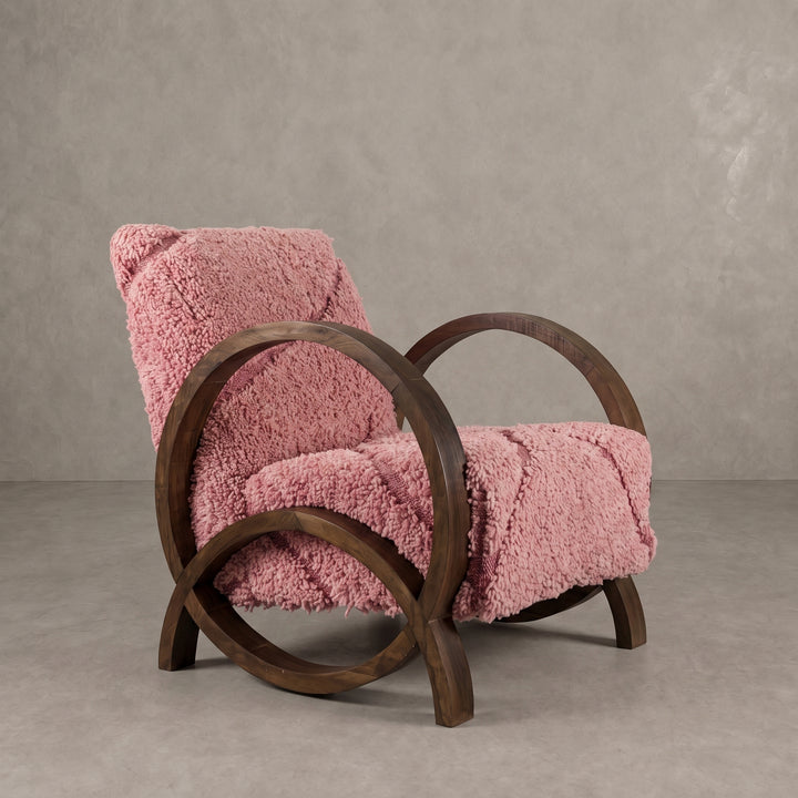 Moroccan Pink Wool Walnut Armchair   
