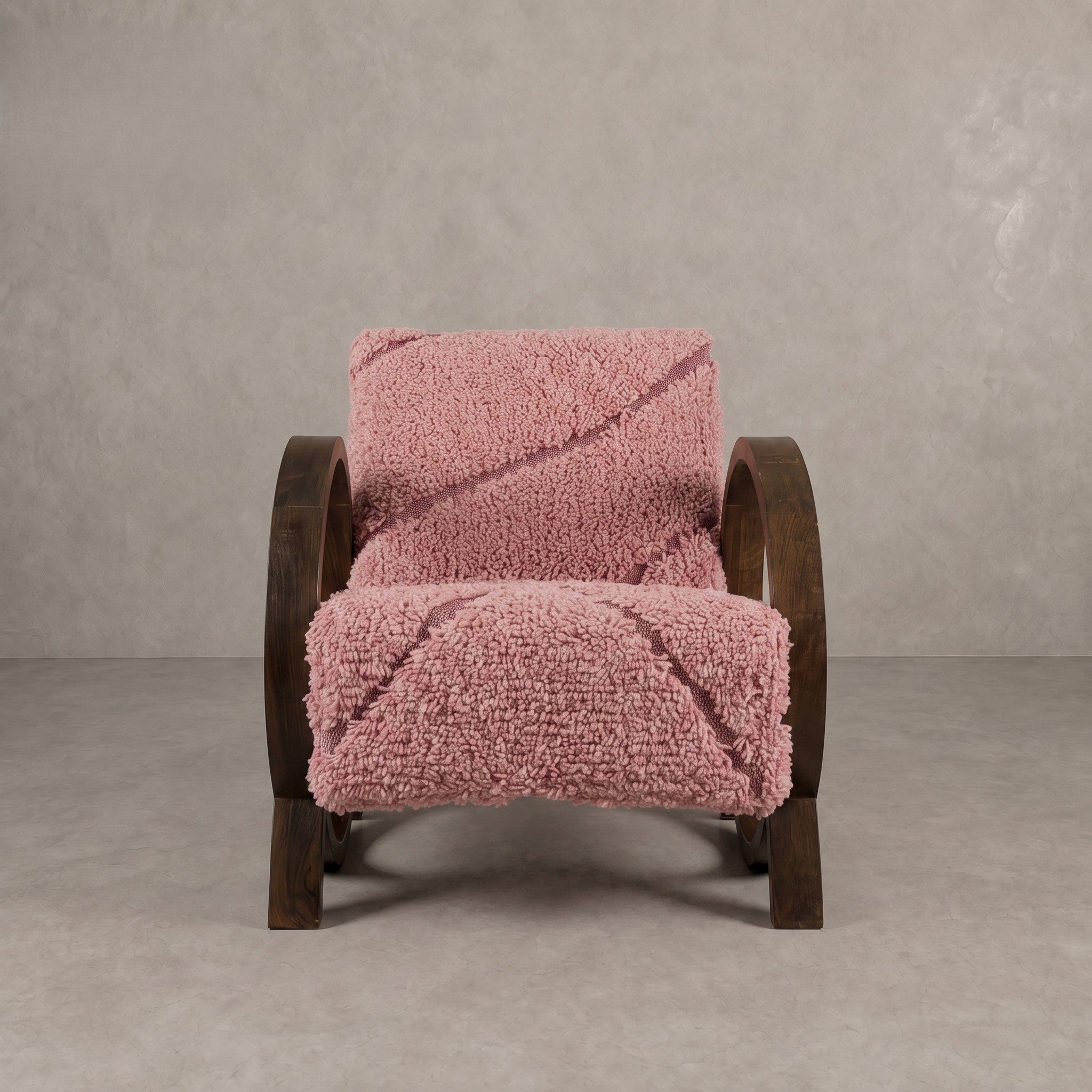Handcrafted Moroccan Pink Wool Walnut Armchair   