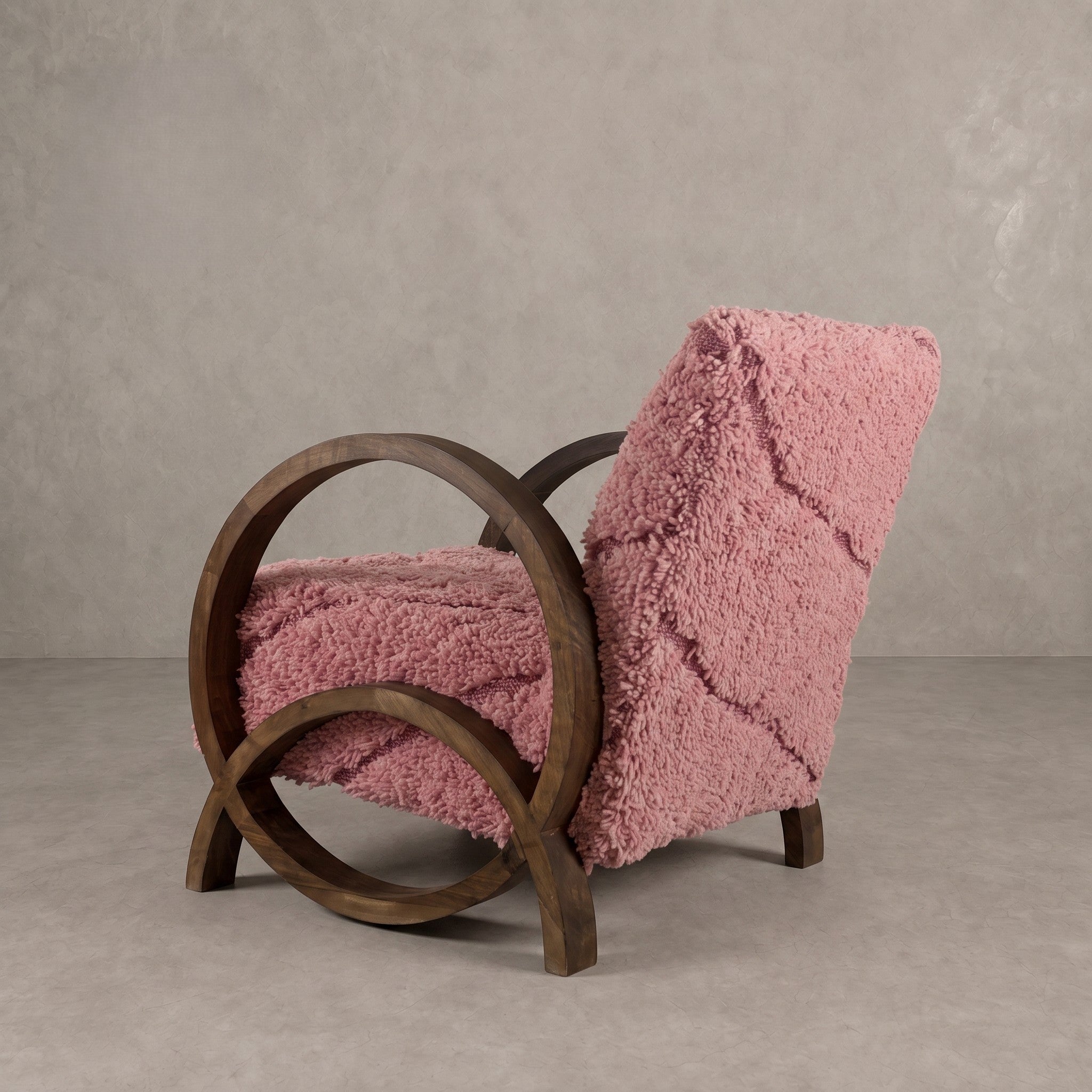 Handcrafted Pink Wool Walnut Armchair   