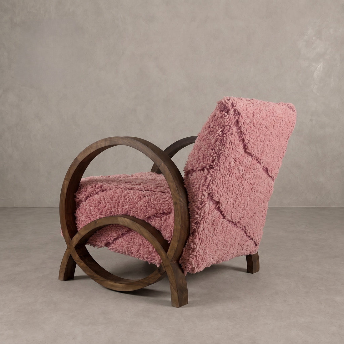 Handcrafted Pink Wool Walnut Armchair   