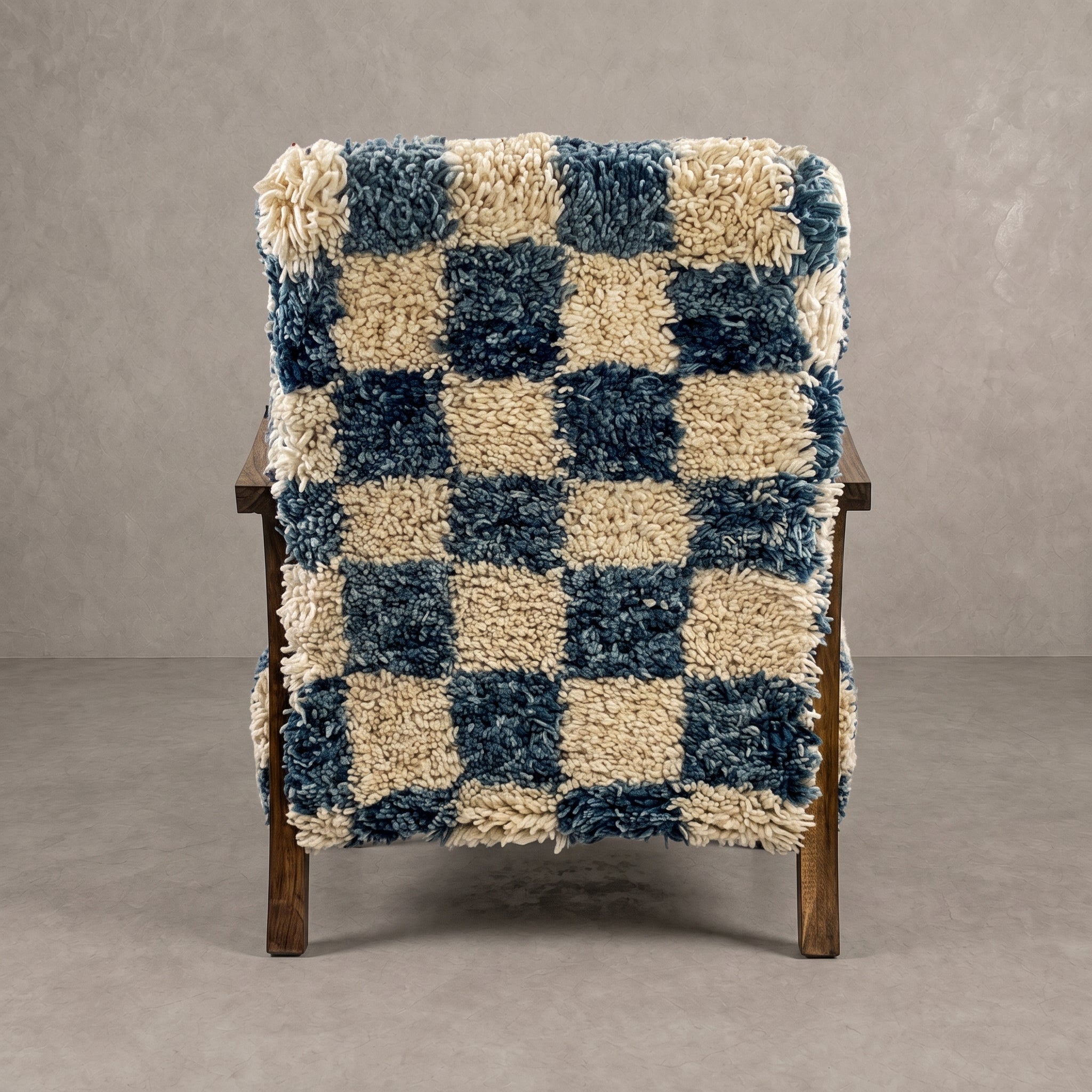Handcrafted Blue Checkerboard Wool Armchair