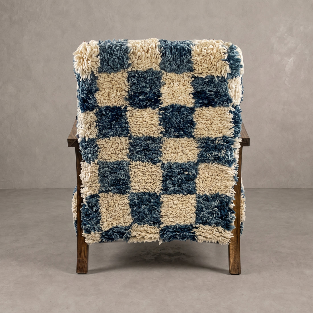 Handcrafted Blue Checkerboard Wool Armchair