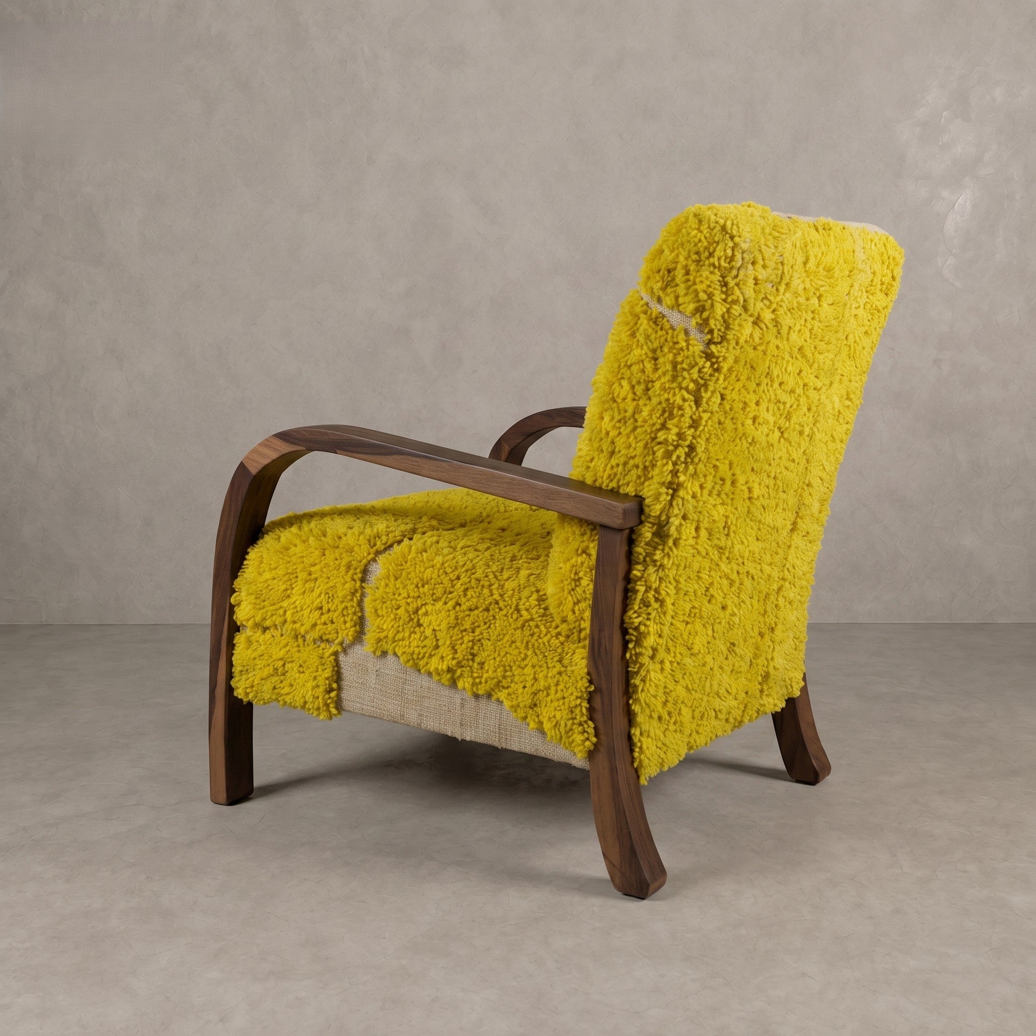 Handcrafted Moroccan Yellow Wool Walnut Armchair