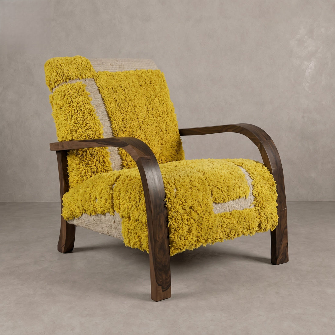 Moroccan Yellow Wool Walnut Armchair