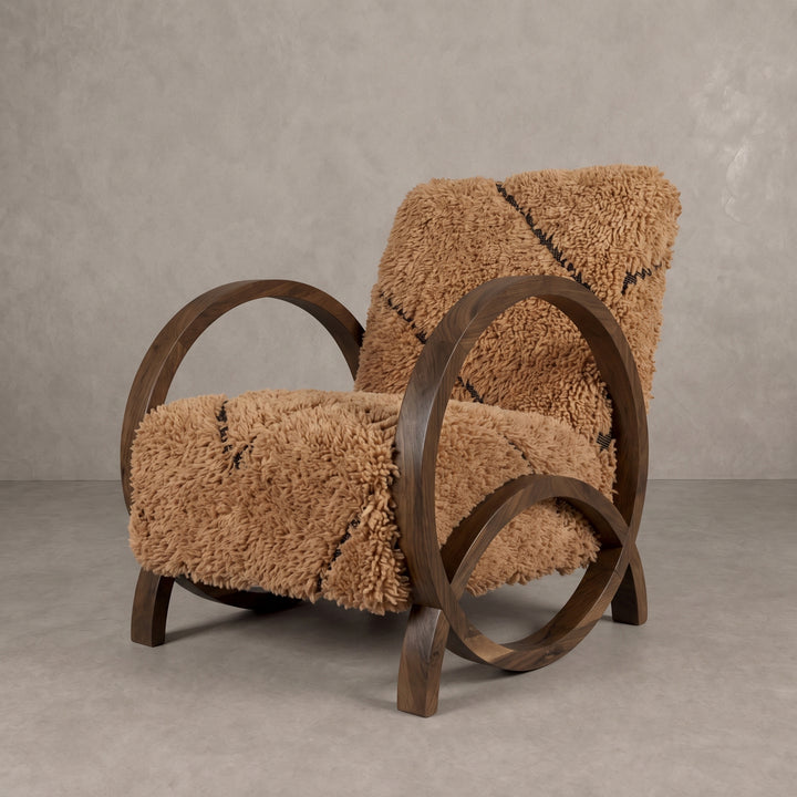 Handcrafted Moroccan Tan Wool Walnut Armchair