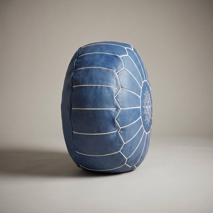 Handcrafted Moroccan Blue Leather Pouf