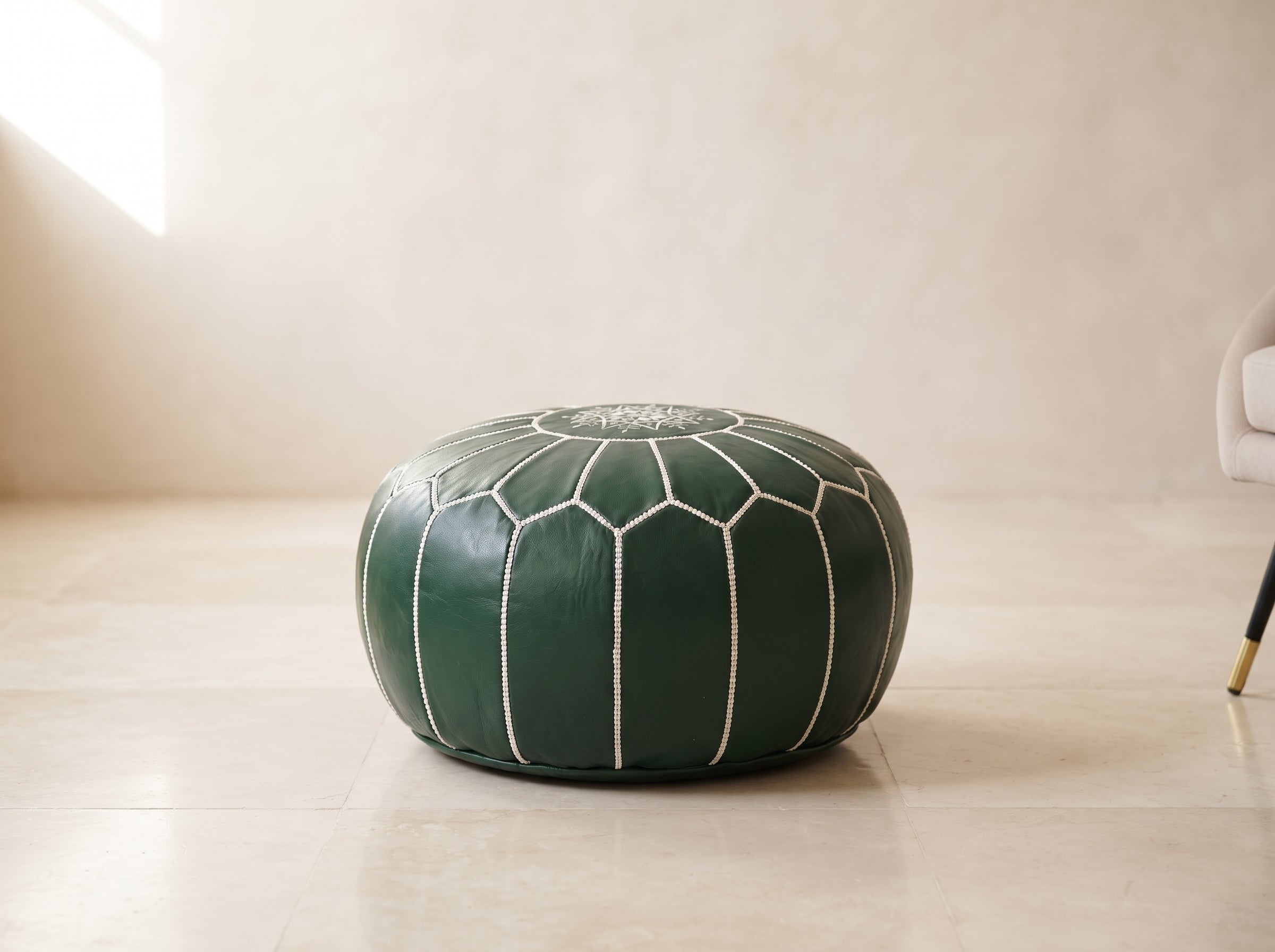Handcrafted Moroccan Emerald Green Leather Pouf
