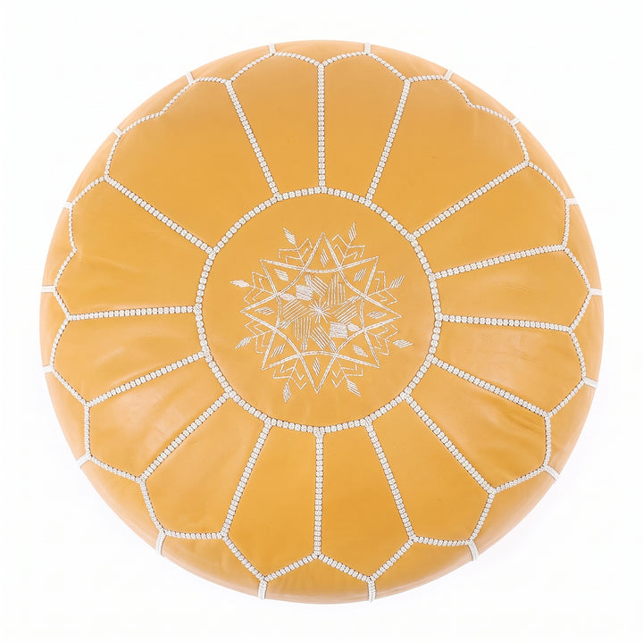 Handcrafted Moroccan Mustard Yellow Leather Pouf