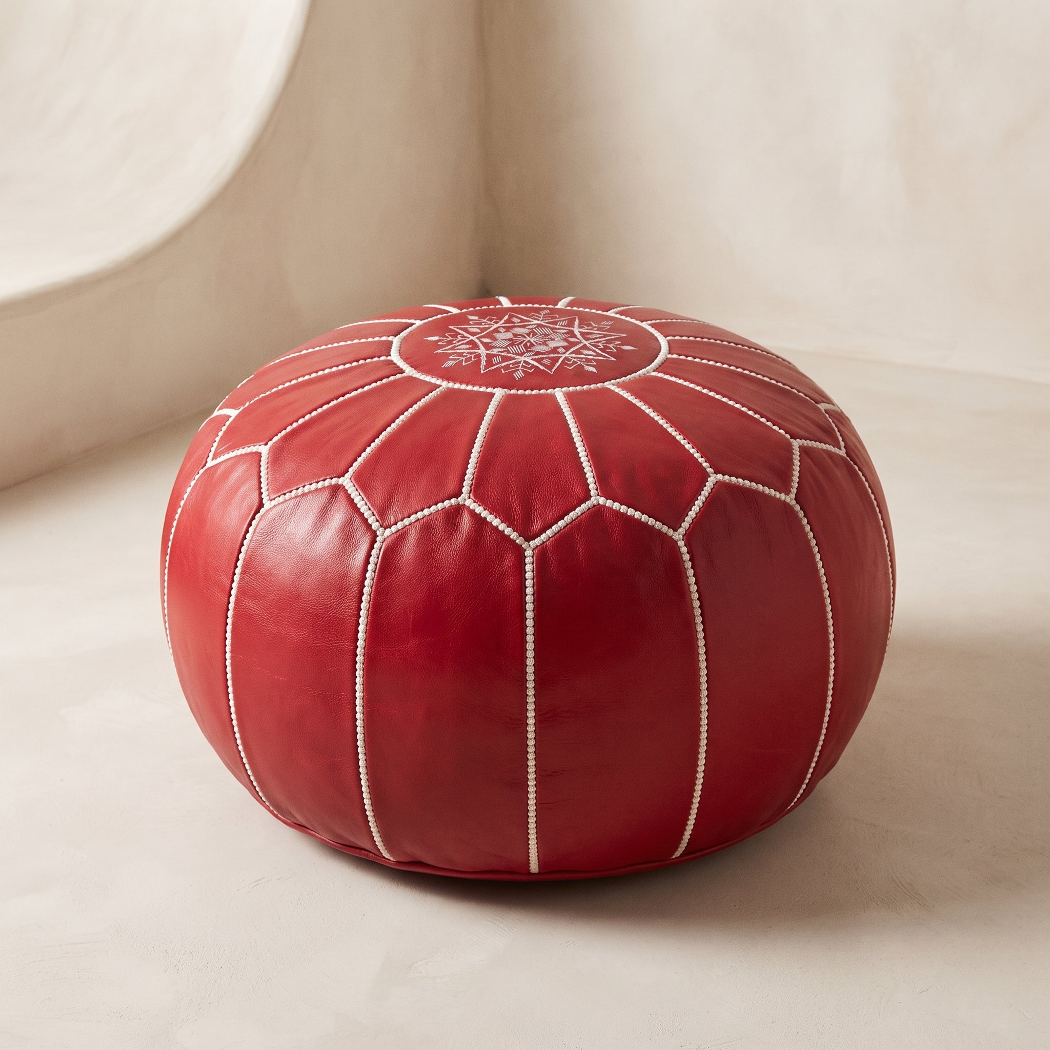 Handcrafted Moroccan Red Leather Pouf