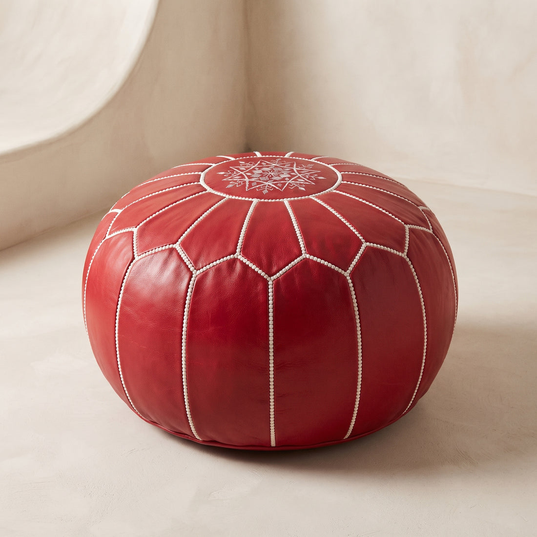 Handcrafted Moroccan Red Leather Pouf