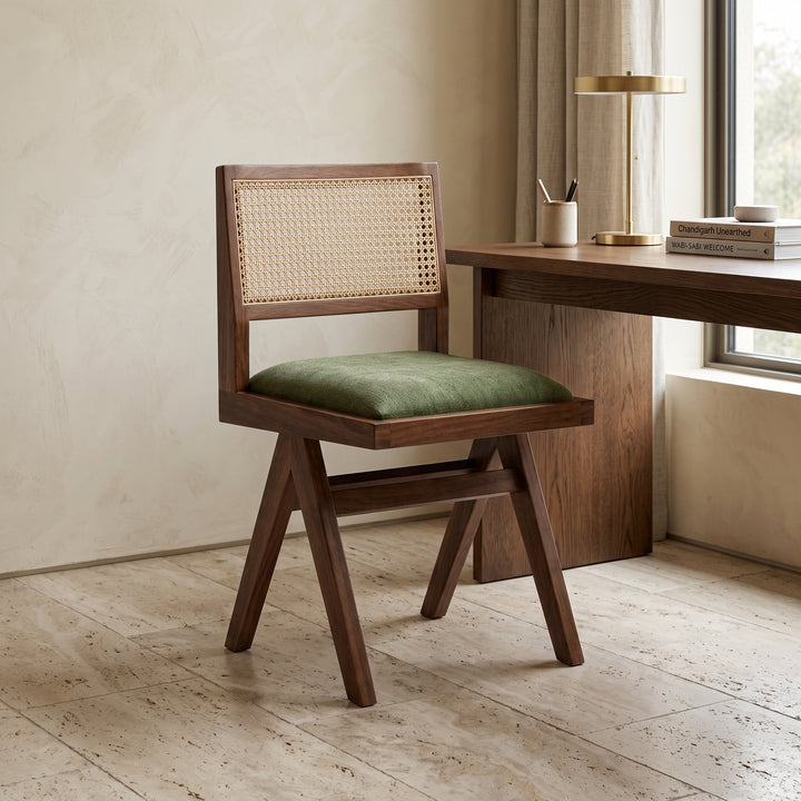 Handcrafted Moroccan Walnut Cane Olive Green Chair
