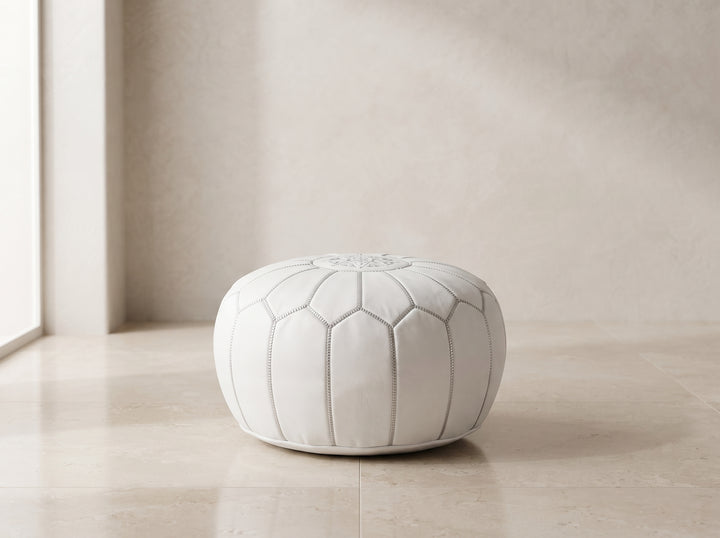 Handcrafted Moroccan White Leather Pouf