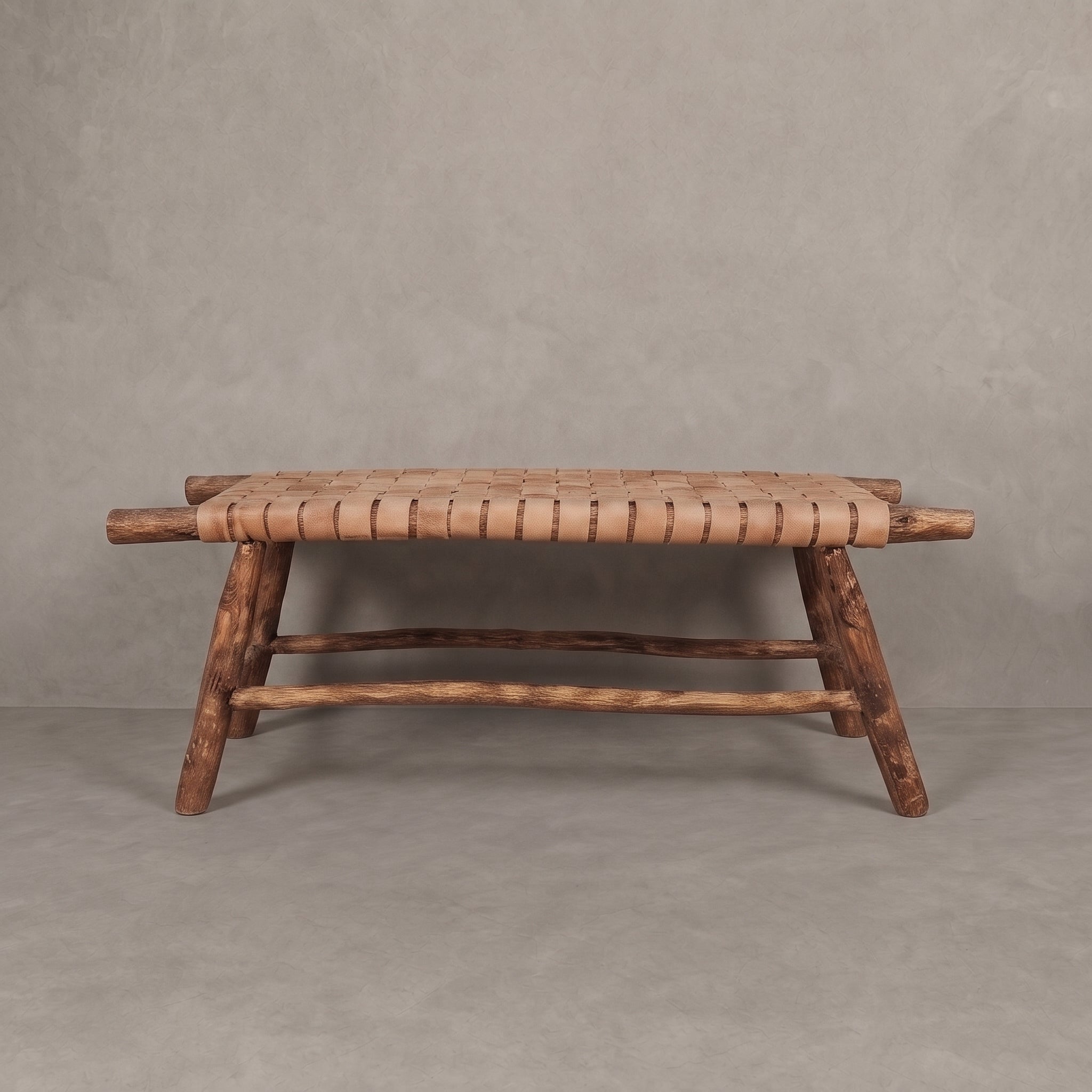 Handcrafted Moroccan Woven Tan Leather Bench
