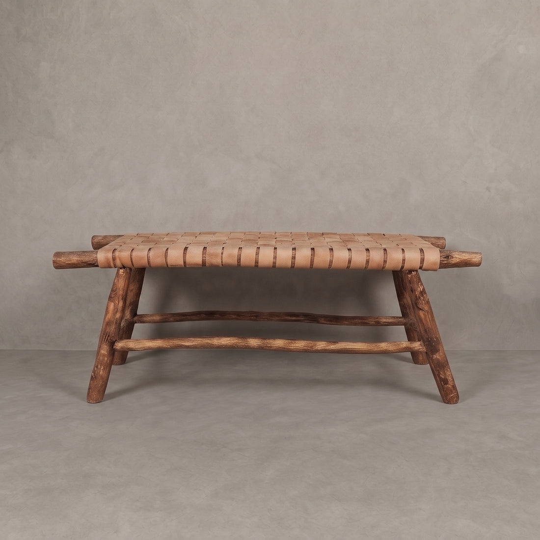 Handcrafted Moroccan Woven Tan Leather Bench